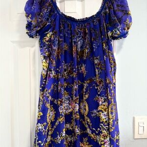 Free People Blue and Gold Ruffled Blouse with Cap Sleeves